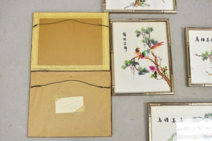 vintage chinoiserie silk needlepoint chinese japanese asian wall art set of 6 9166