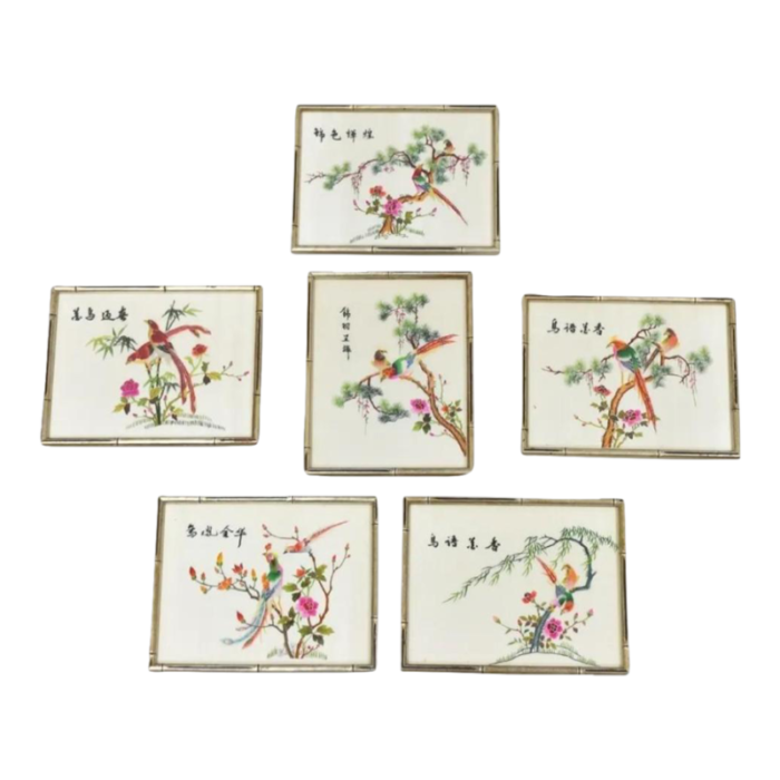 vintage chinoiserie silk needlepoint chinese japanese asian wall art set of 6 9869