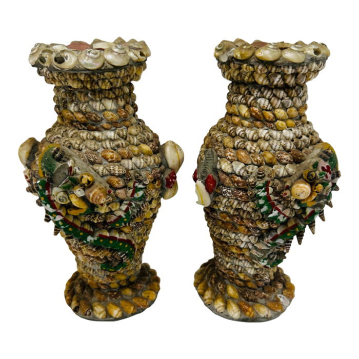 vintage coastal folk art shell vases a pair 0265