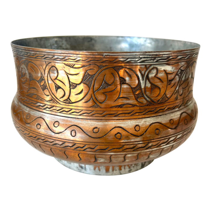 vintage copper and silver metal etched bowl 3821