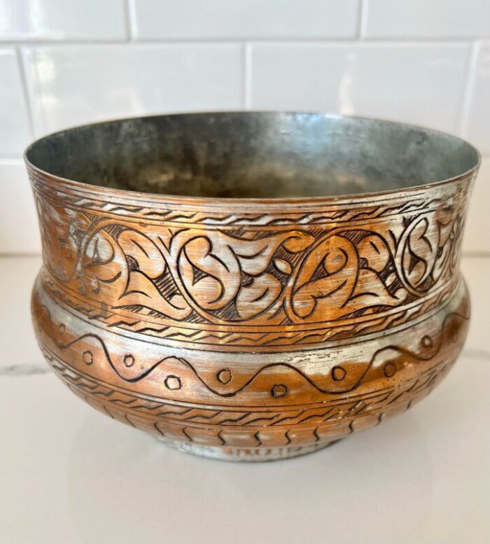 vintage copper and silver metal etched bowl 5053