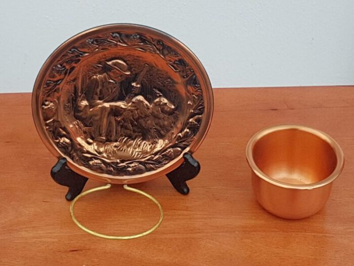 vintage copper wall hanging plate hunter with dog decor candleplanter holder 0062