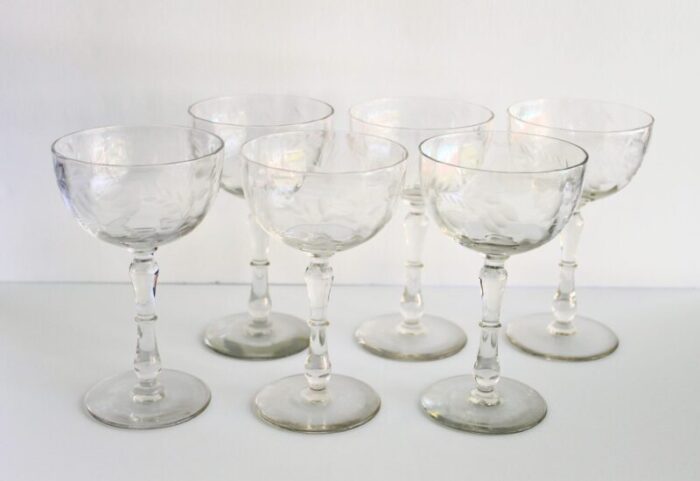 vintage duncan and miller etched crystal champagne coupes cocktail coupes set of 6 1179