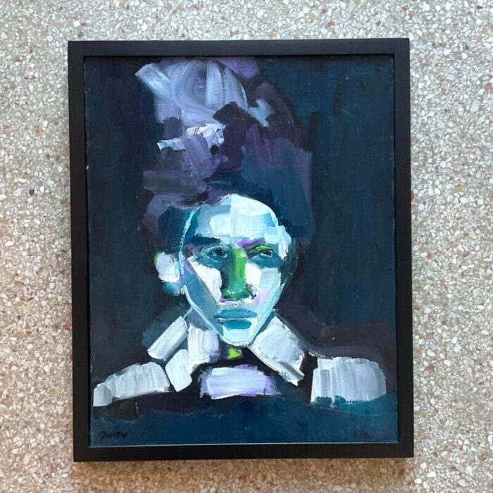 vintage early 21st century abstract portrait in blues framed and signed 1433