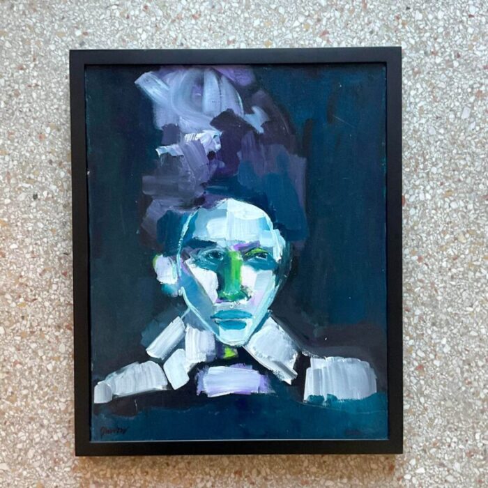 vintage early 21st century abstract portrait in blues framed and signed 1646