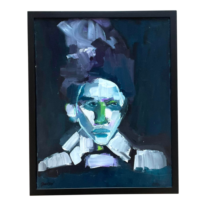 vintage early 21st century abstract portrait in blues framed and signed 2858