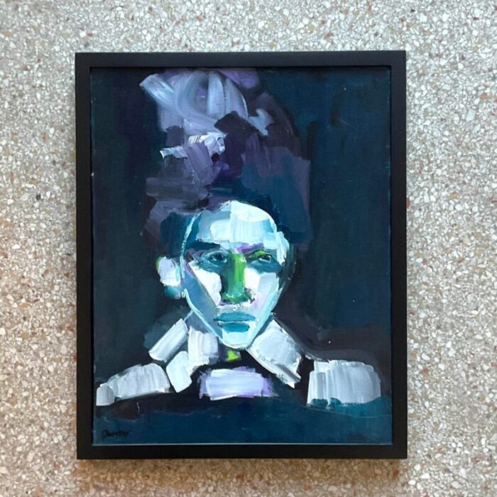 vintage early 21st century abstract portrait in blues framed and signed 4452