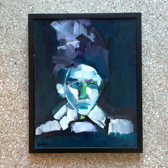 vintage early 21st century abstract portrait in blues framed and signed 6928