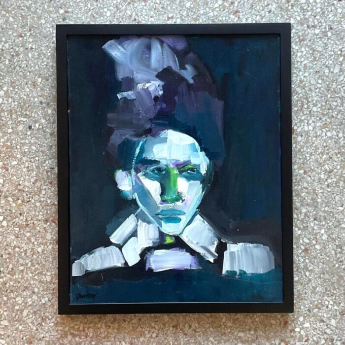 vintage early 21st century abstract portrait in blues framed and signed 9495