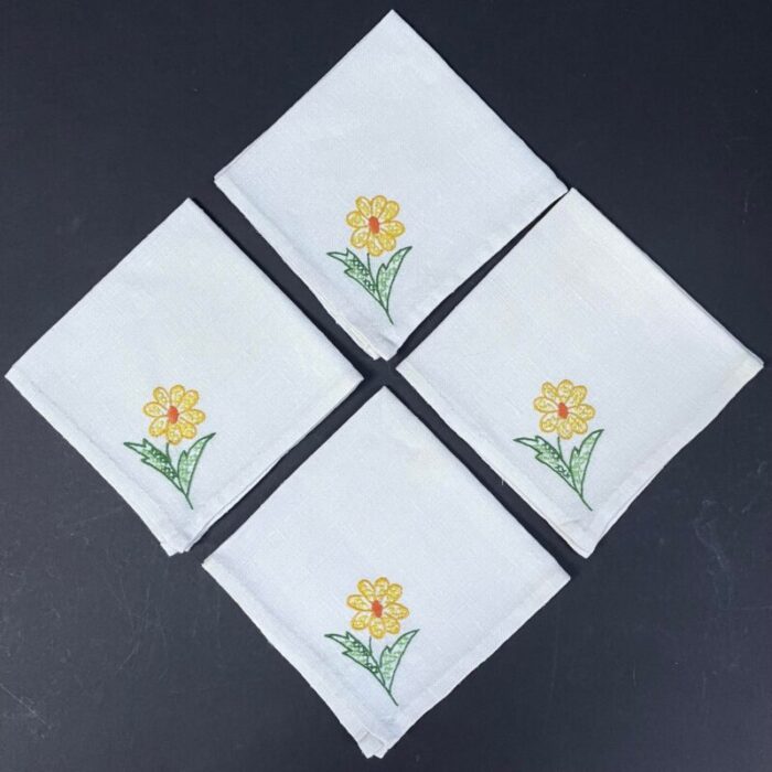 vintage embroidered yellow daisy flower linen cocktail napkins set4 1354