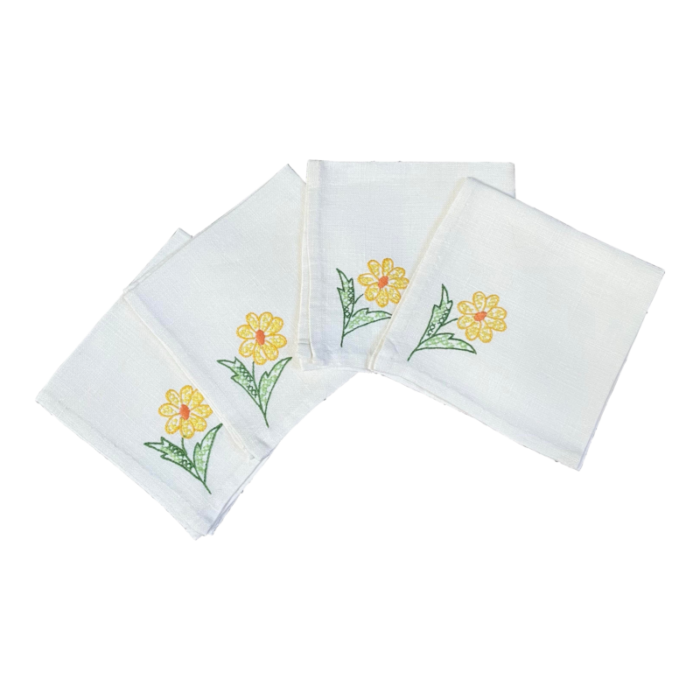 vintage embroidered yellow daisy flower linen cocktail napkins set4 4939