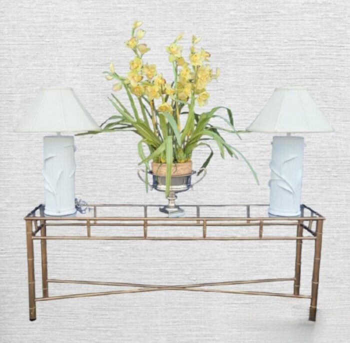 vintage extra long antique gold metal faux bamboo glass top console table 2324