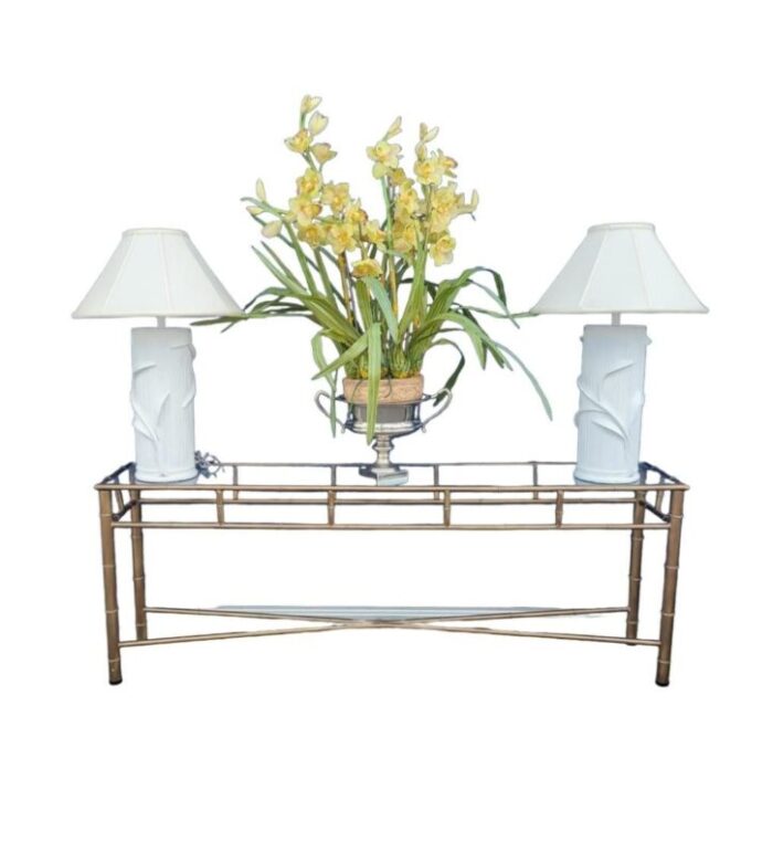 vintage extra long antique gold metal faux bamboo glass top console table 7375