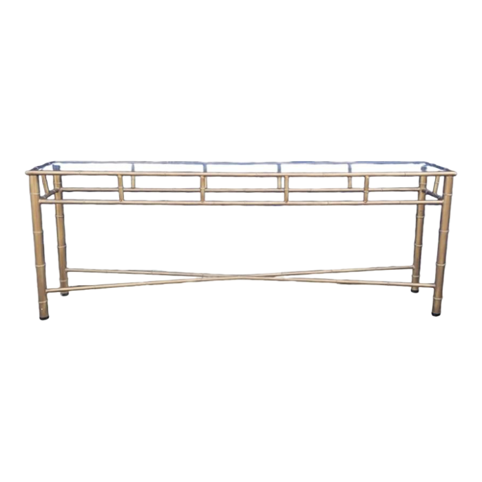 vintage extra long antique gold metal faux bamboo glass top console table 9390