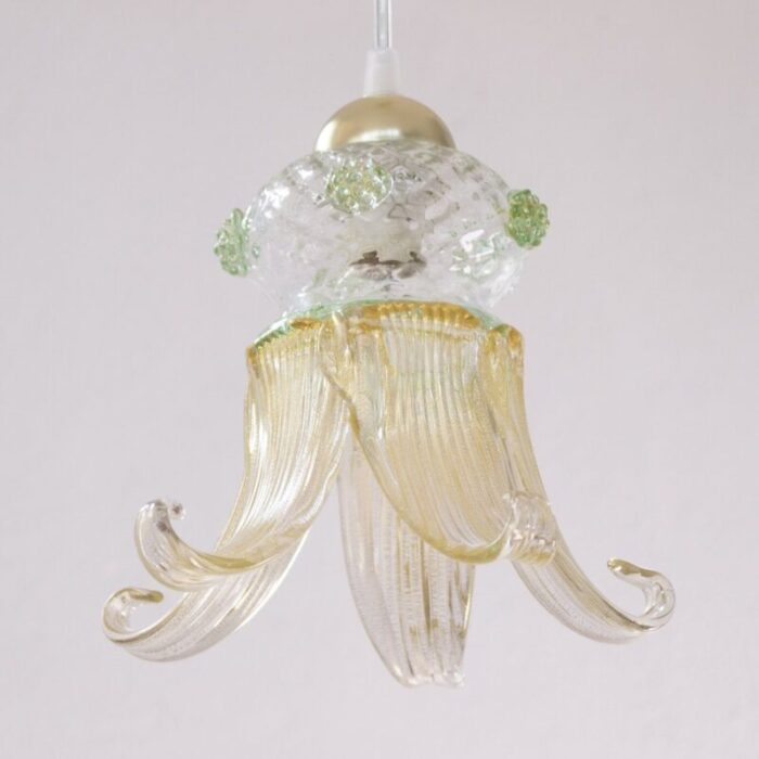 vintage flower pendant in clear and gold murano glass with green details 1980s 3