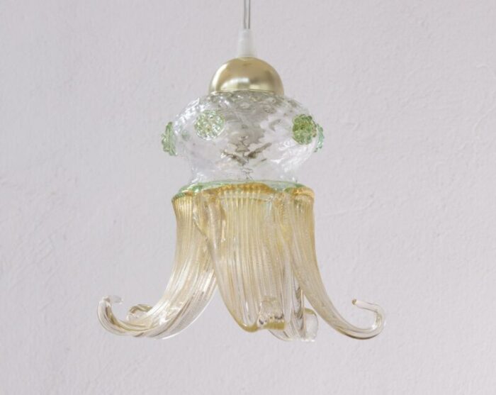 vintage flower pendant in clear and gold murano glass with green details 1980s 4