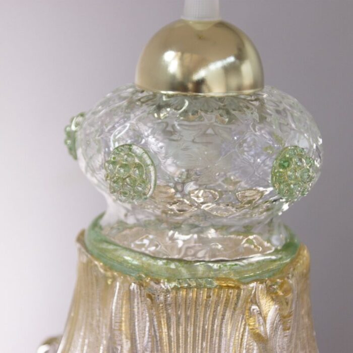 vintage flower pendant in clear and gold murano glass with green details 1980s 8