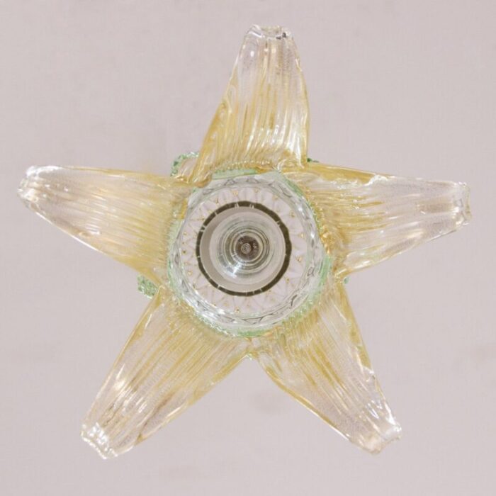 vintage flower pendant in clear and gold murano glass with green details 1980s 9