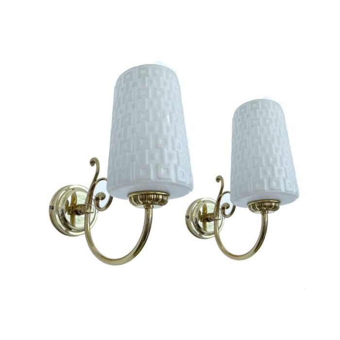 vintage glass and brass wall lights 1960s set of 2 1