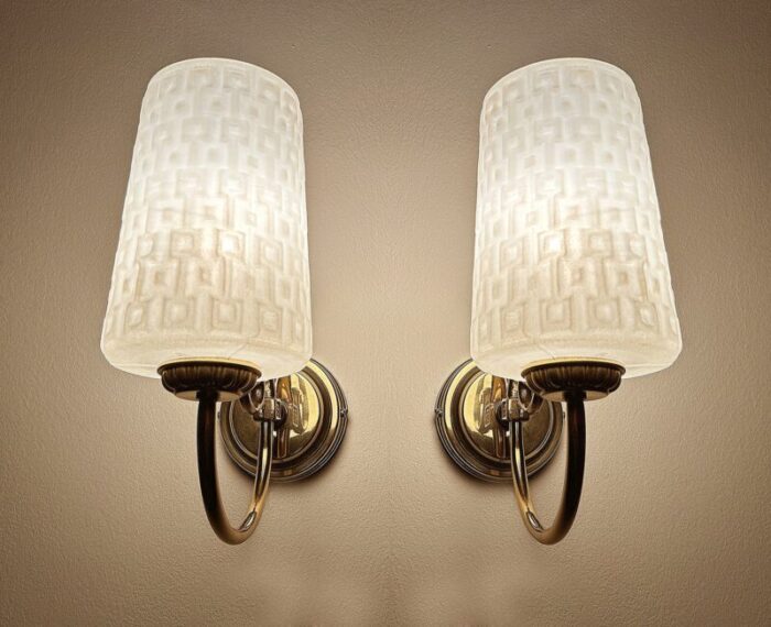 vintage glass and brass wall lights 1960s set of 2 2