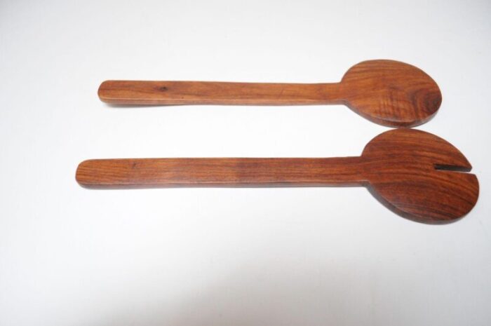 vintage hand carved teak modernist salad tong set 3129