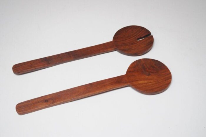 vintage hand carved teak modernist salad tong set 7944