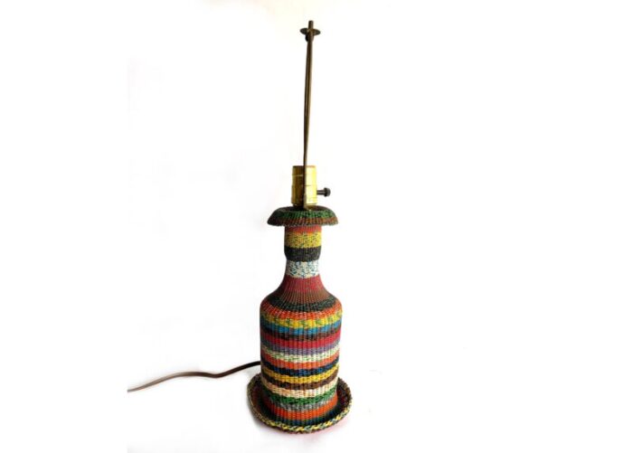 vintage hungarian woven wire glass bottle table lamp 1960s folk art light 0805