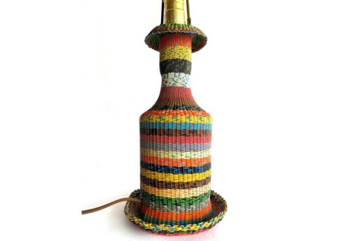 vintage hungarian woven wire glass bottle table lamp 1960s folk art light 5247