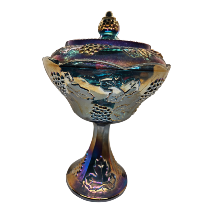 vintage indiana blue carnival glass harvest grape iridescent covered pedestal compote or candy dish 7650