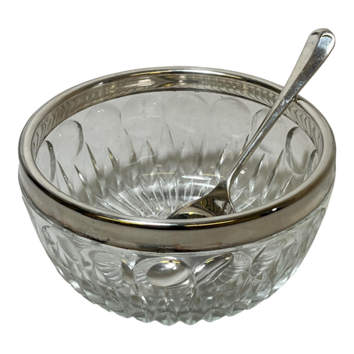 vintage italian cut glass sugar bowl with silver plate rim and spoon circa 1950 0526