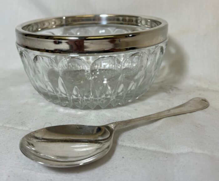 vintage italian cut glass sugar bowl with silver plate rim and spoon circa 1950 0664