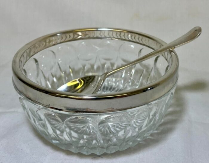 vintage italian cut glass sugar bowl with silver plate rim and spoon circa 1950 1745