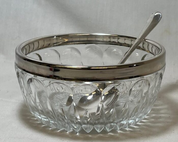 vintage italian cut glass sugar bowl with silver plate rim and spoon circa 1950 4833