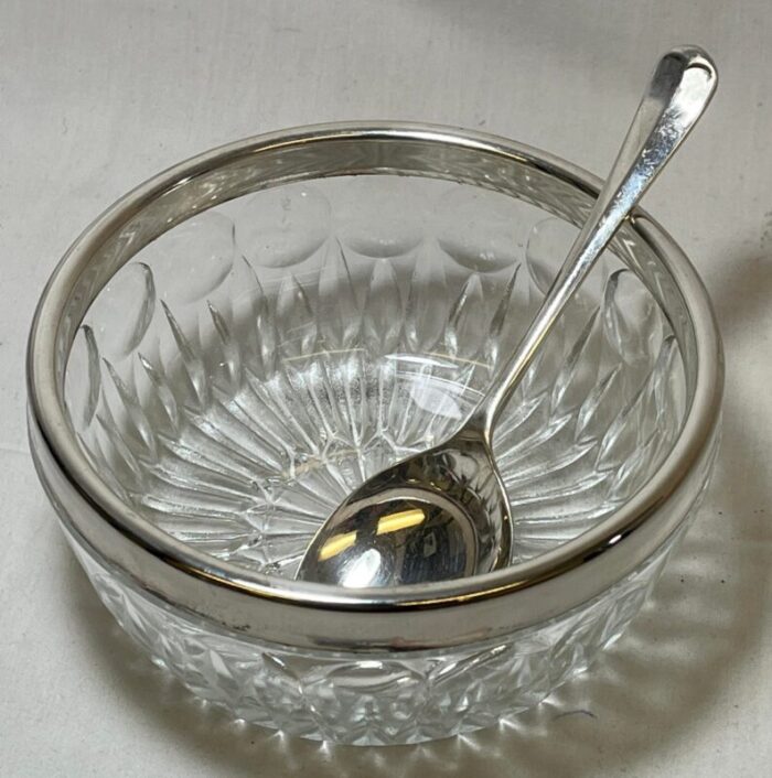 vintage italian cut glass sugar bowl with silver plate rim and spoon circa 1950 6643