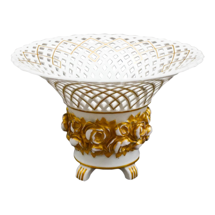 vintage kpm white gold floral porcelain reticulated basket compote pedestal bowl 0956