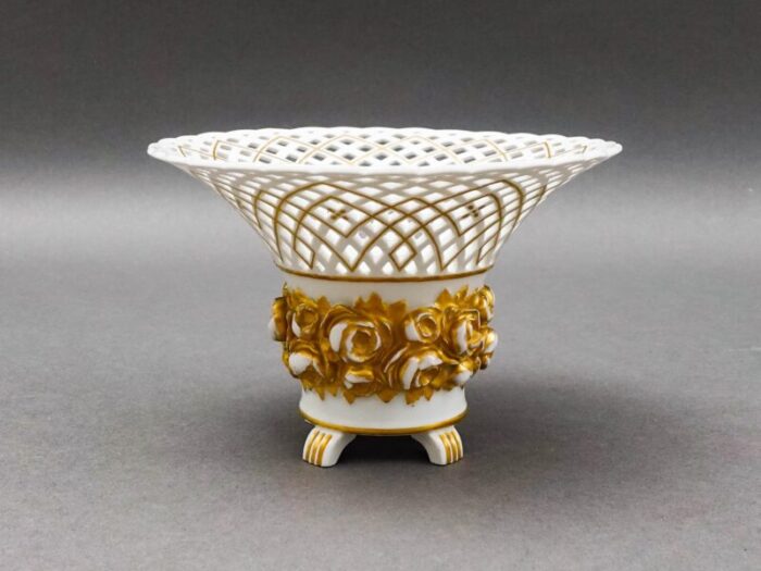 vintage kpm white gold floral porcelain reticulated basket compote pedestal bowl 9438