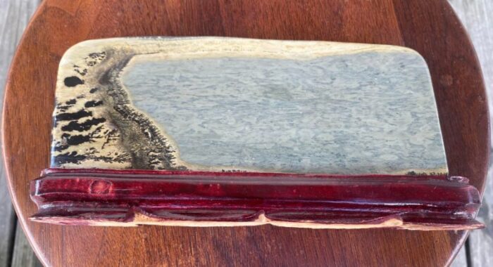 vintage large chinese viewing stone jasper with wooden base 4886