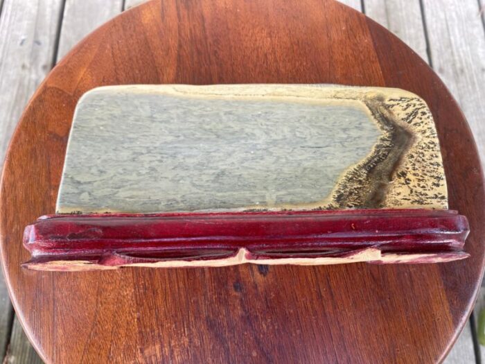 vintage large chinese viewing stone jasper with wooden base 9250