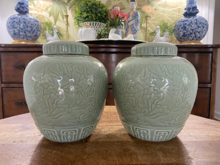 vintage matched pair of chinese asian celadon ginger jars 3867