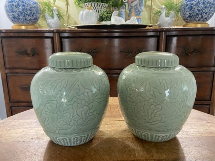 vintage matched pair of chinese asian celadon ginger jars 4662