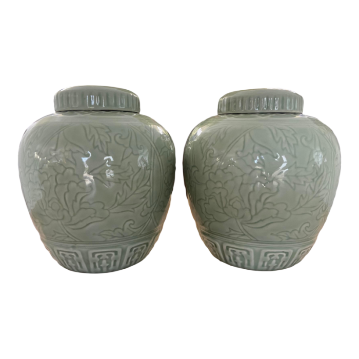 vintage matched pair of chinese asian celadon ginger jars 7663