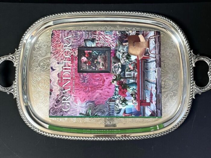 vintage mid 20th century baroque style silver plate serving tray with shell motif and handles and feet 1061