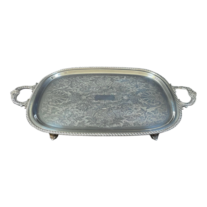 vintage mid 20th century baroque style silver plate serving tray with shell motif and handles and feet 1110