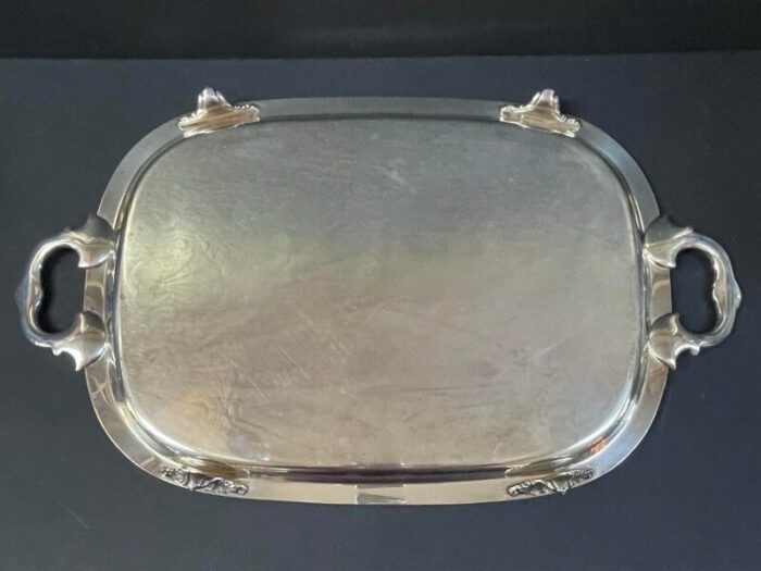 vintage mid 20th century baroque style silver plate serving tray with shell motif and handles and feet 2300