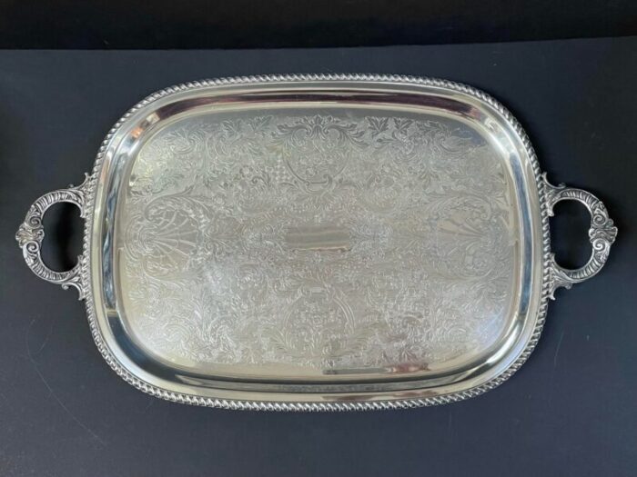 vintage mid 20th century baroque style silver plate serving tray with shell motif and handles and feet 4961