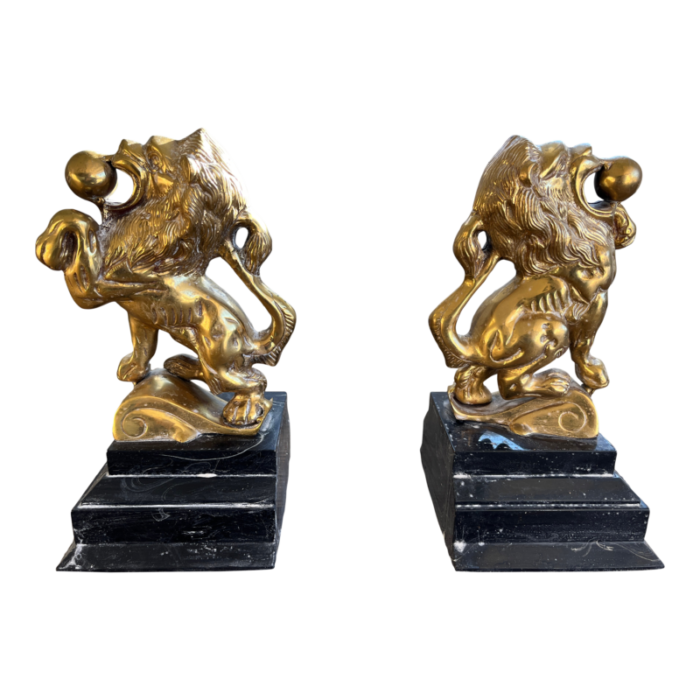 vintage mid century modern art deco brass lion architectural marble bookends set of 2 3695