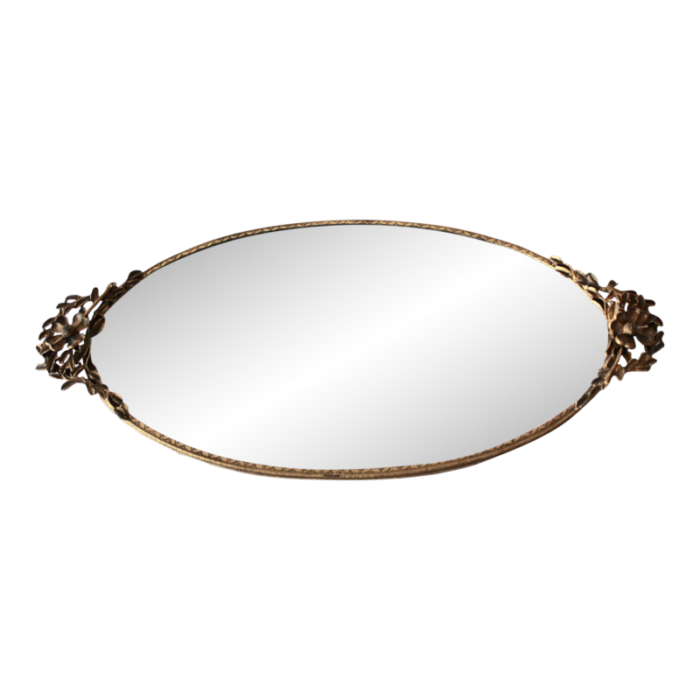 vintage mid century oval vanity makeup tray gold brass finish sculptural flower detail 1557