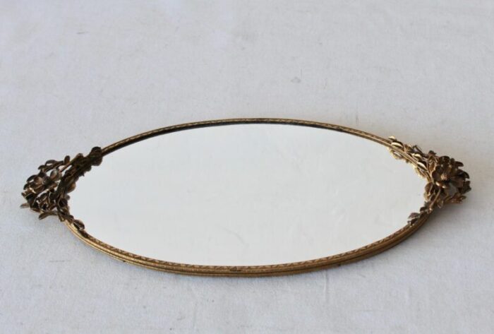 vintage mid century oval vanity makeup tray gold brass finish sculptural flower detail 2281