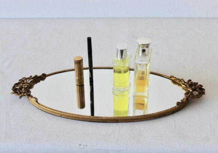 vintage mid century oval vanity makeup tray gold brass finish sculptural flower detail 7994