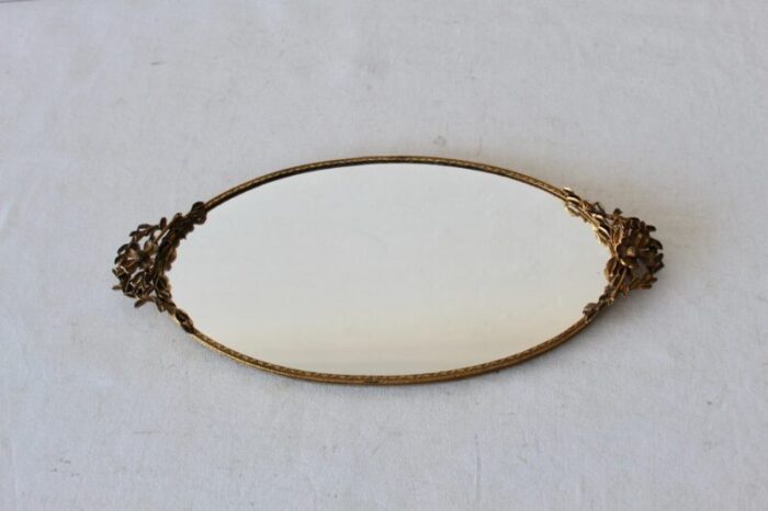 vintage mid century oval vanity makeup tray gold brass finish sculptural flower detail 9266